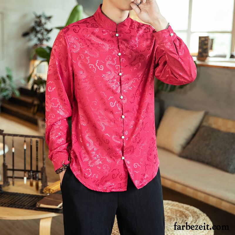 Hemden Herren Drucken Drachen Freizeit Chinesischer Stil Mantel Trend Rot