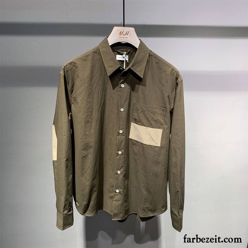 Hemden Herren Feder Mode Freizeit Trend Baumwolle Patch Grün