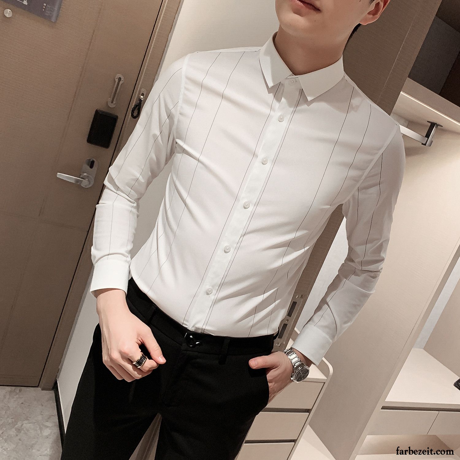 Hemden Herren Streifen Mode Unteres Hemd Lange Ärmel Trend Schlank Weiß