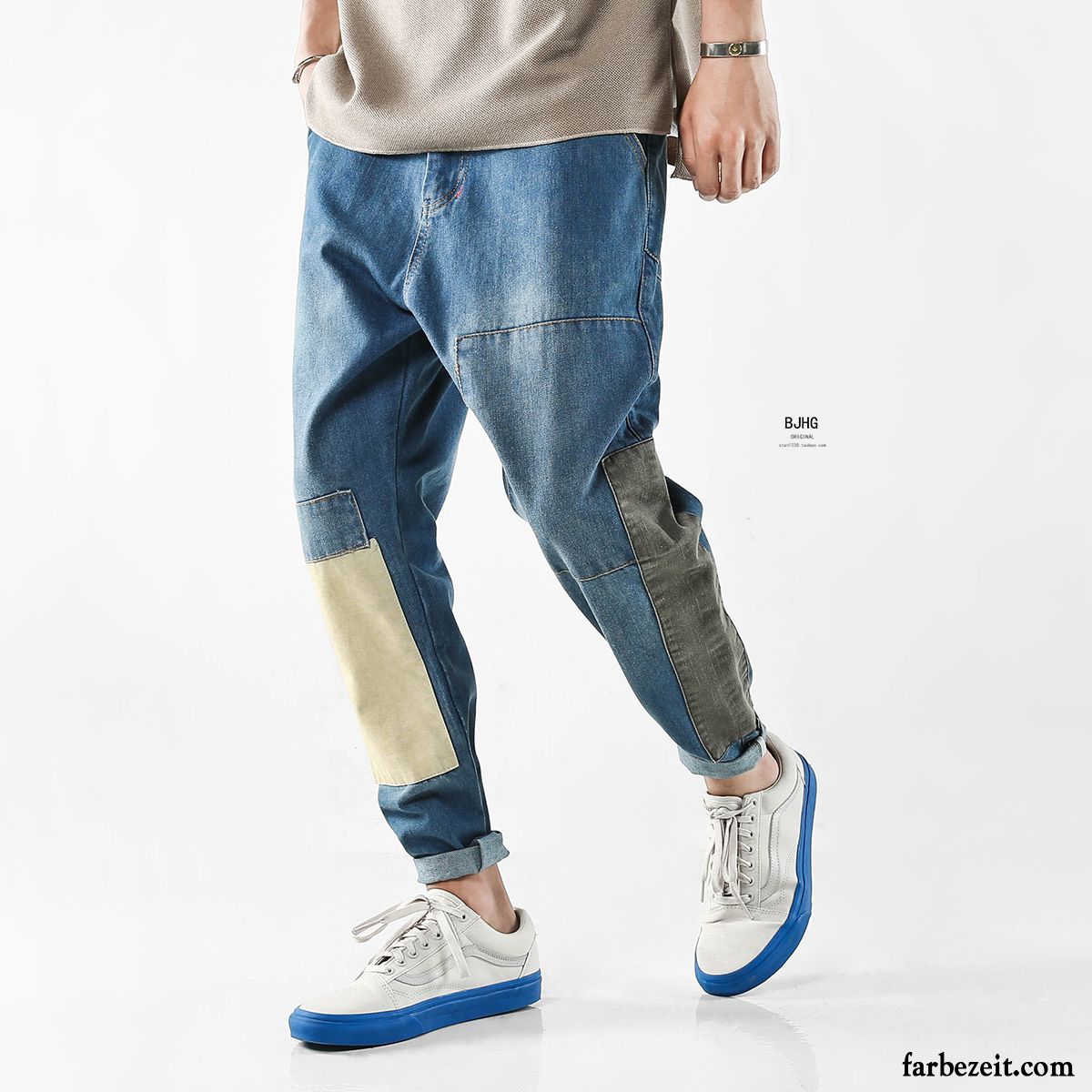 Herren Biker Jeans Spleißen Jeans Jugend Waschen Trend Blau Schmales Bein Harlan Patch Freizeit