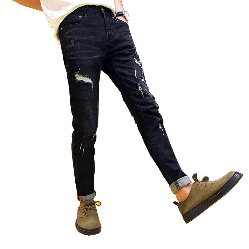 Weiße Skinny Jeans Männer Jeans Elastisch Gerade Schlank Plus Samt Löcher Trend Neunte Hose Herbst Winter Schmales Bein Herren Blau Verkaufen