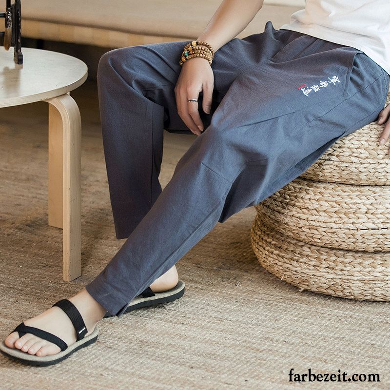 Herren Chino Slim Fit Stickerei Trend Neunte Hose Große Größe Chinesischer Stil Schlank Sommer Jugend Freizeit Blau