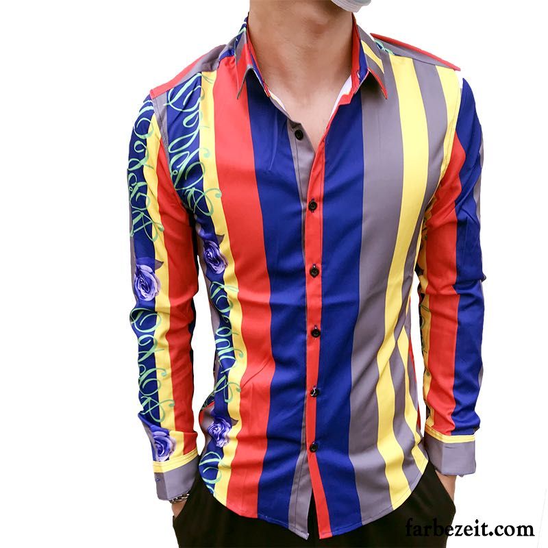 Herren Hemd Kaufen Mehrfarbig Streifen Hemden Trend Schlank Lange Ärmel Rote Dünn Freizeit Mantel Verkaufen