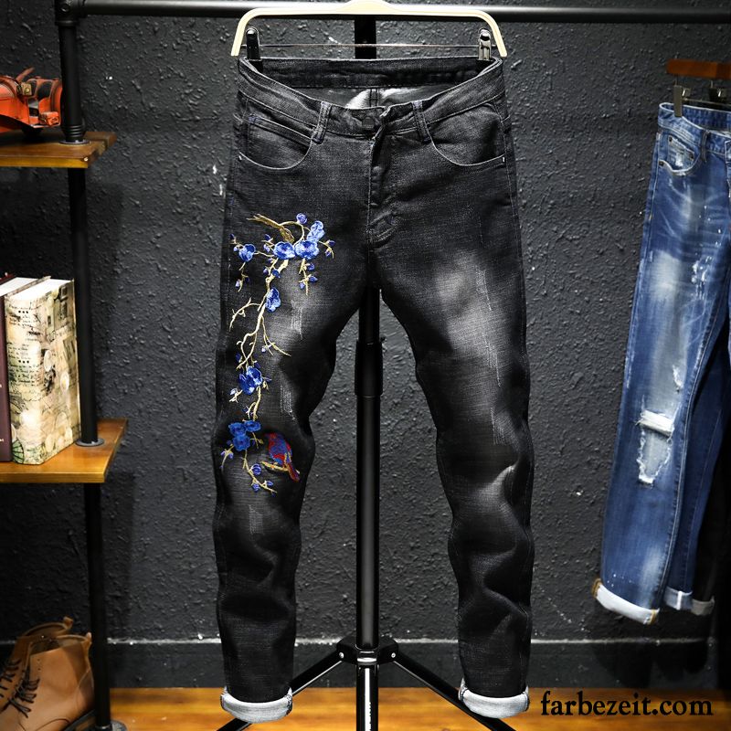 Herren Jeans Mit Dicken Mode Trend Feder Schwarz Hose Schlank Schmales Bein Bestickt Chinesischer Stil Sommer Jeans Stickerei Elastisch Kaufen