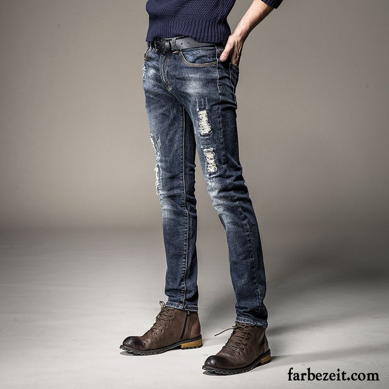 Herren Jeans Online Shop Schlank Dünn Hose Löcher Schwarz Jeans Jugend Herbst Gerade Grau Winter Günstig