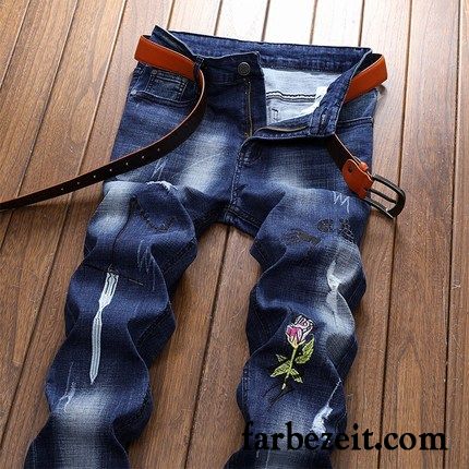 Herren Jeans Schwarz Destroyed Jeans Elastisch Neu Hell Stickerei Schmales Bein Jugend Blau Trend Löcher Schlank