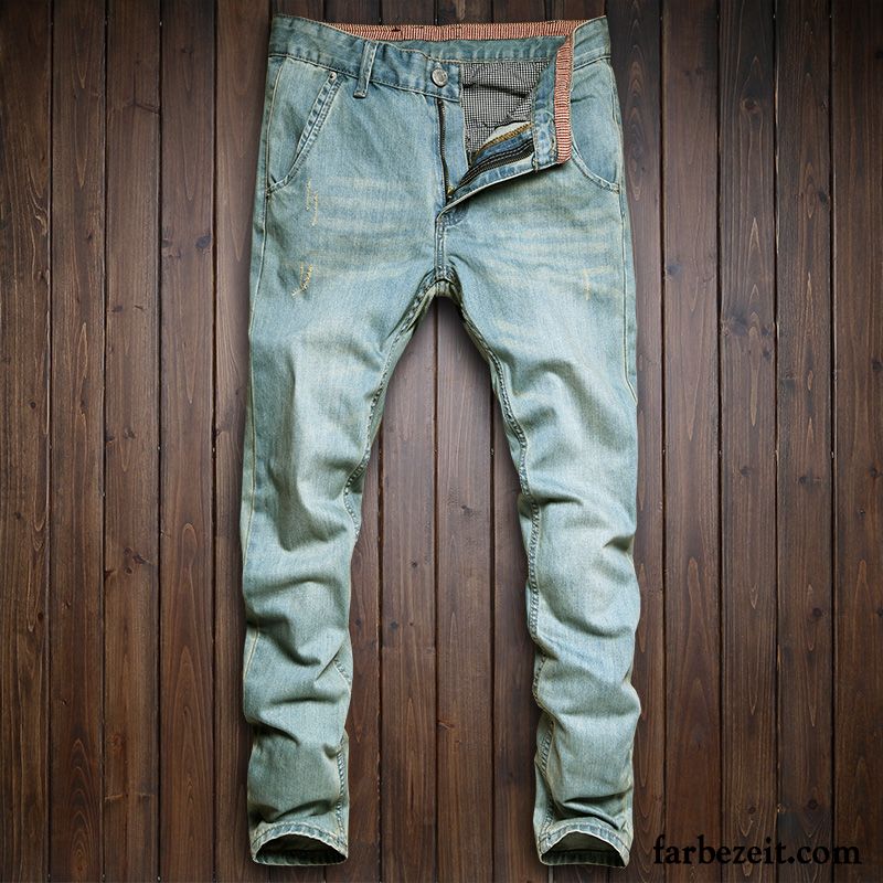 Herren Jeans Straight Leg Hose Tasche Gerade Retro Feder Jeans Trend Hell Schlank Blau Lange Günstig