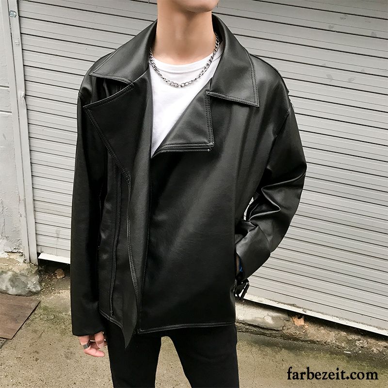 Herren Lederjacke Stretch Herbst Freizeit Schwarz Überzieher Trend Lederjacke Verkaufen