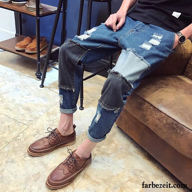 Herren Skinny Jeans Blau Spleißen Löcher Trend Fett Gerade Große Größe Neunte Hose Patch Lose Jeans