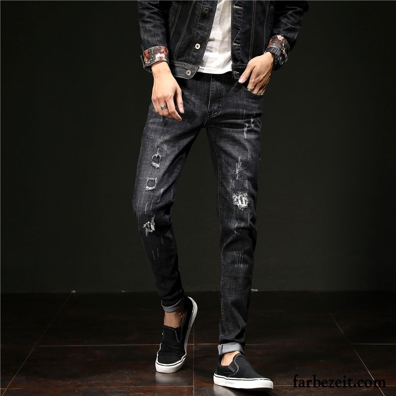 Herren Skinny Jeans Trend Schlank Herbst Patch Jeans Löcher Hose Schwarz Schmales Bein Lange Allgleiches Günstig