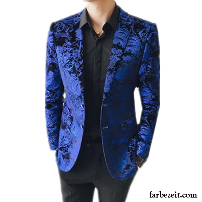 Herren Smoking Blazer Anzüg Kleid Blau Trend Blazer Überzieher Jugend Blumen Persönlichkeit Rabatt