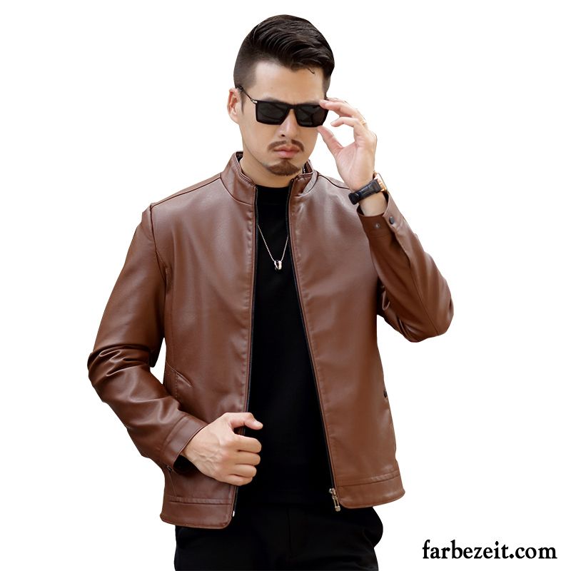 Herren Sommer Blouson Lederjacke Mode Braun Herbst Überzieher Feder Stehkragen Neu Trend Günstig