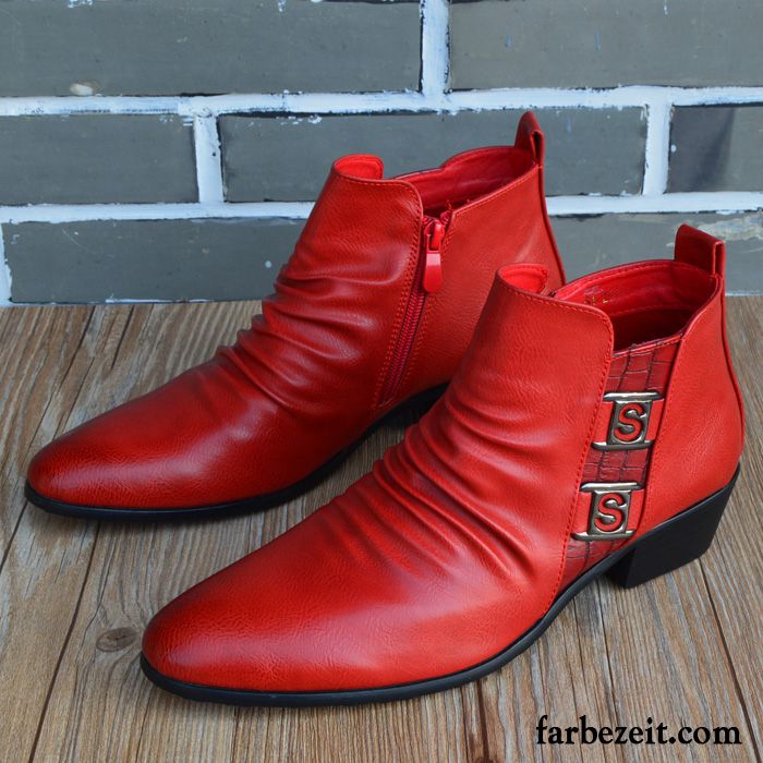 Herren Stiefeletten Schwarz Lederschue Winter Erhöht Kurze Stiefel England Hohe Martin Stiehlt Rot Spitze Echtleder Verkaufen