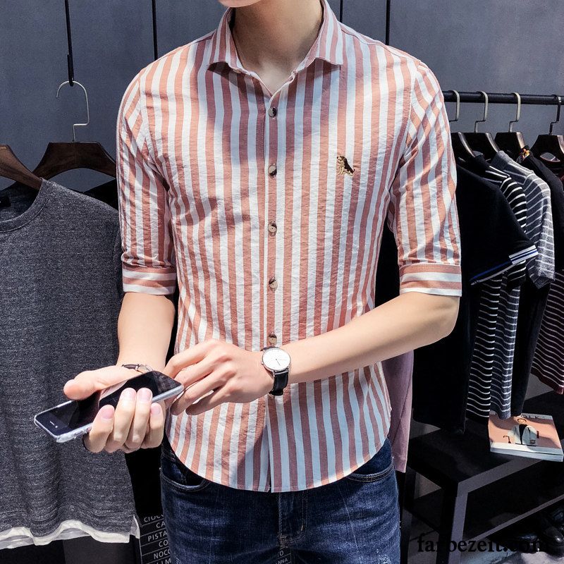 Herrenhemden Kaufen Schüler Herren Rosa Hemden Streifen Schlank Hülse Freizeit Lange Ärmel Sommer Trend Günstig