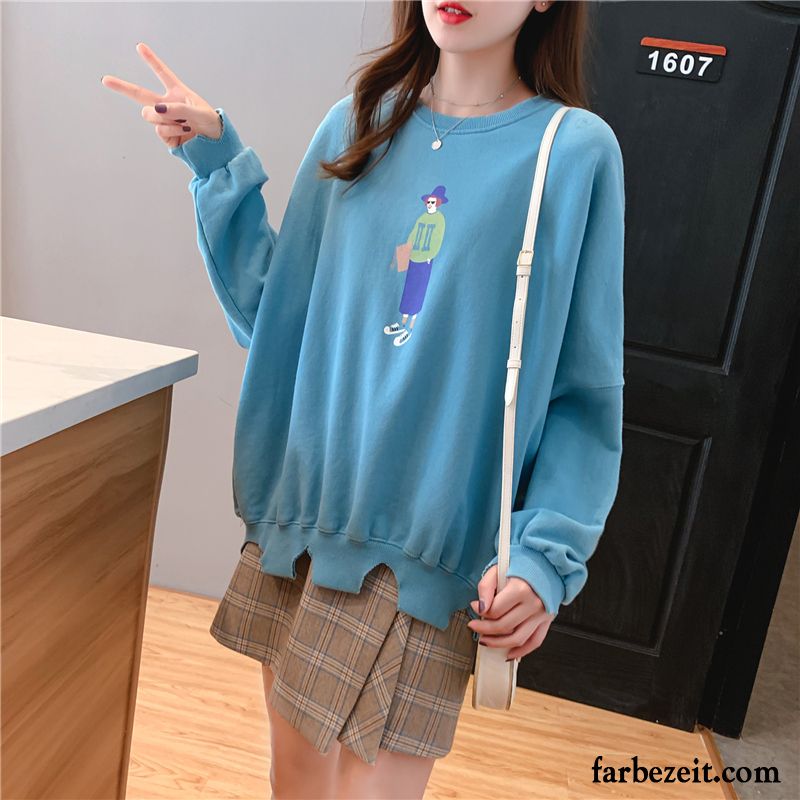 Hoodie Damen Herbst Große Größe Überzieher Neu Rundausschnitt Feder Blau