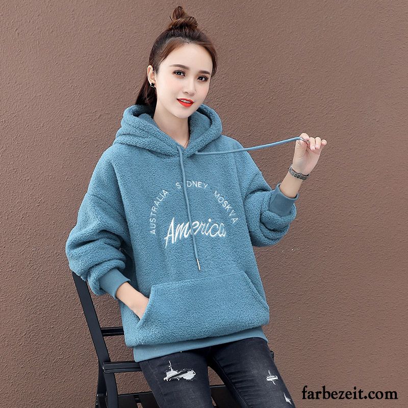 Hoodie Damen Lange Ärmel Plus Samt Überzieher Winter Mantel Verdickung Blau