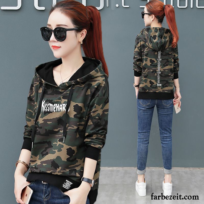 Hoodie Damen Lose Überzieher Neu Mantel Trend Herbst Camouflage Grün