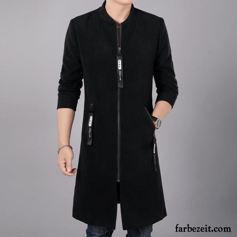 Jacke Mäntel Herren Herbst Reißverschluss Winter Langer Abschnitt Schlank Wolle Stehkragen Trend Schwarz Jugend Mäntel Überzieher