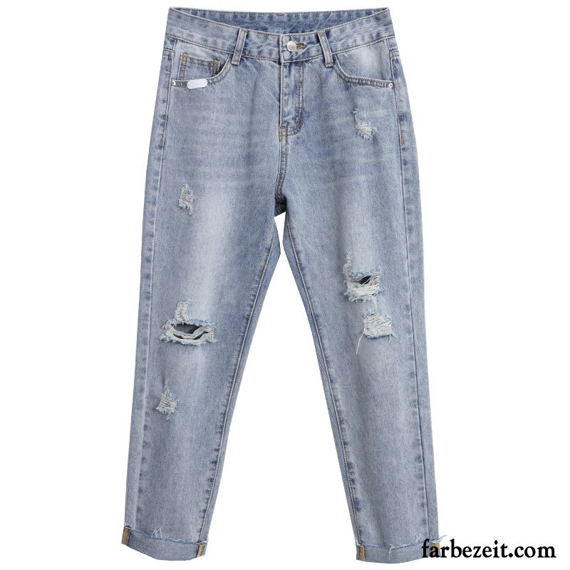 Jeans Damen Gerade Hohe Taille Lose Dünn Hose Feder Hellblau