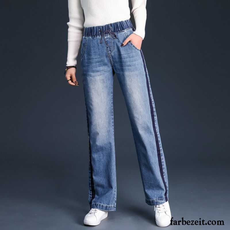 Jeans Damen Gerade Neu Weites Bein Hohe Taille Retro Feder Blau