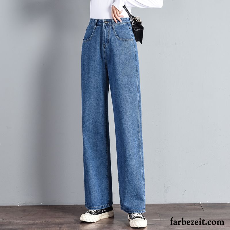 Jeans Damen Große Größe Leicht Weites Bein Gerade Hohe Taille Lose Blau
