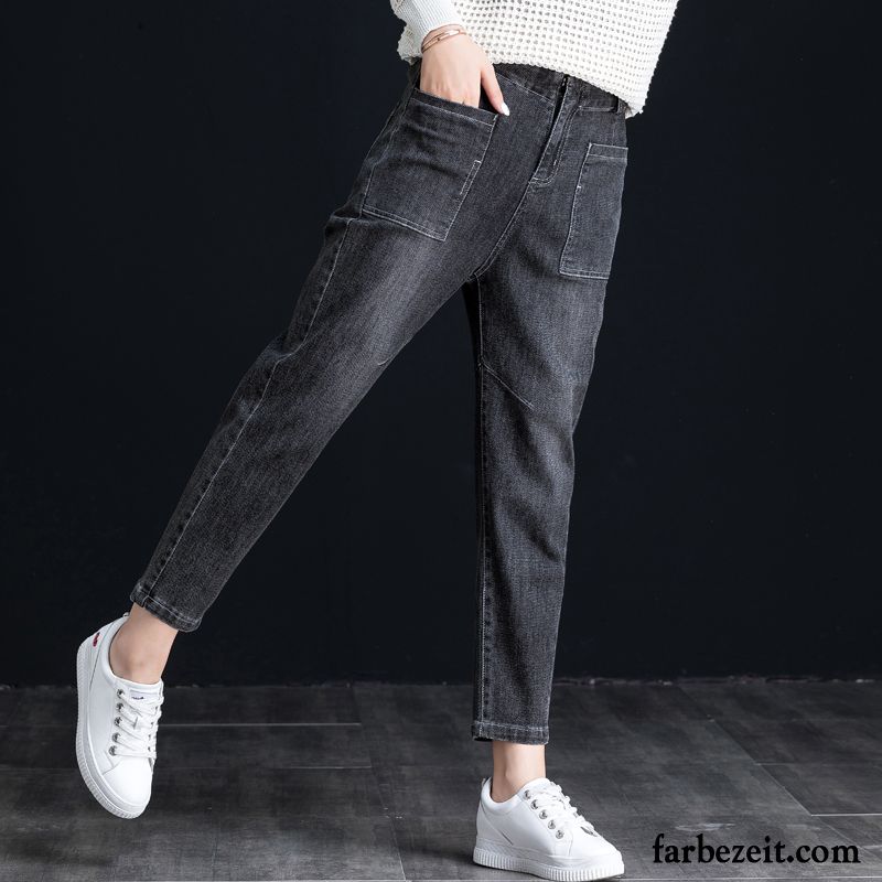 Jeans Damen Herbst Feder Neunte Hose Harlan Lose Hohe Taille Schwarz Grau