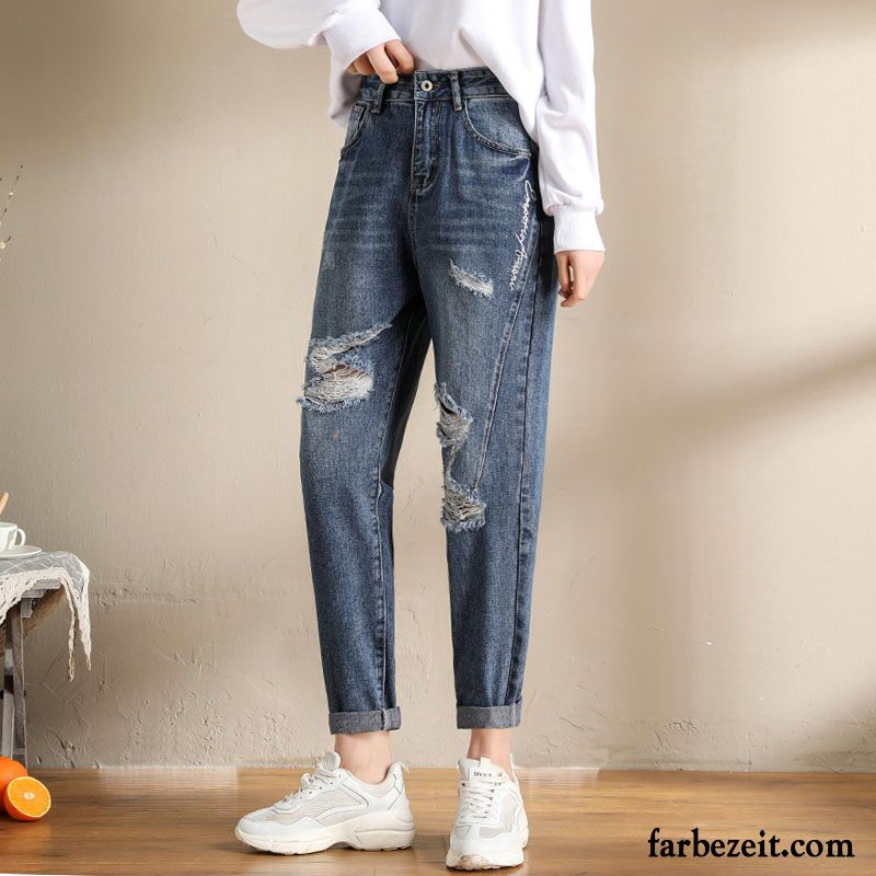 Jeans Damen Herbst Hohe Taille Neu Feder Lose Löcher Blau