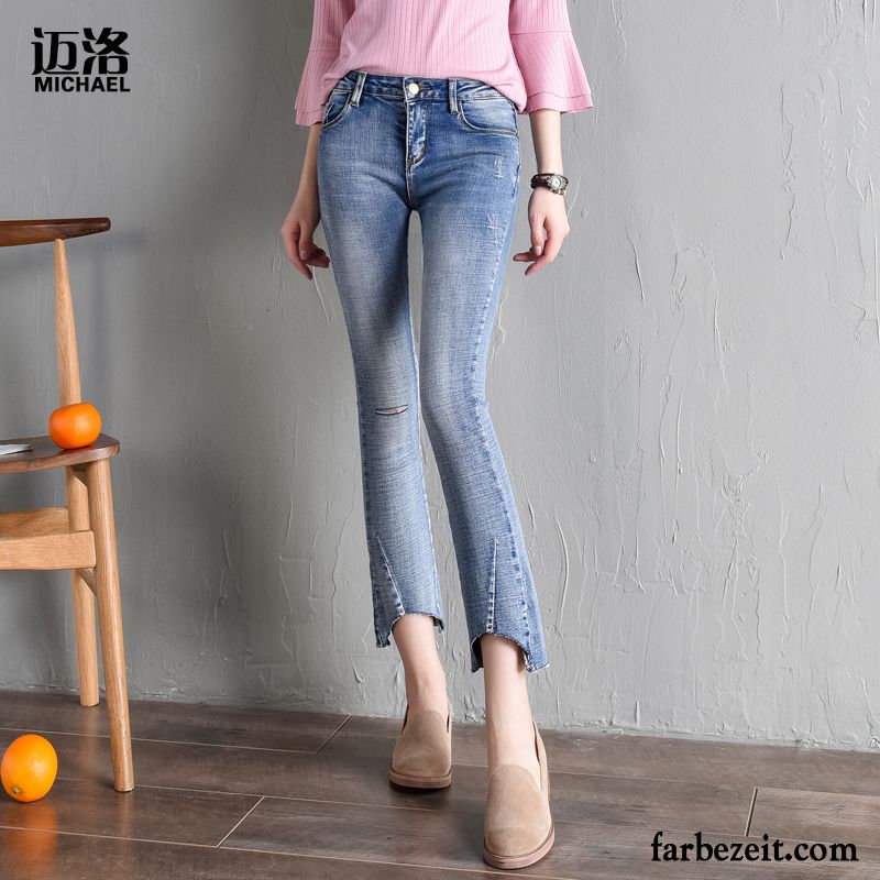 Jeans Damen Horn Trend Löcher Feder Hohe Taille Unregelmäßig Hellblau