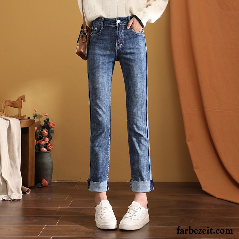 Jeans Damen Hose Hohe Taille Lose Gerade Feder Dünn Blau