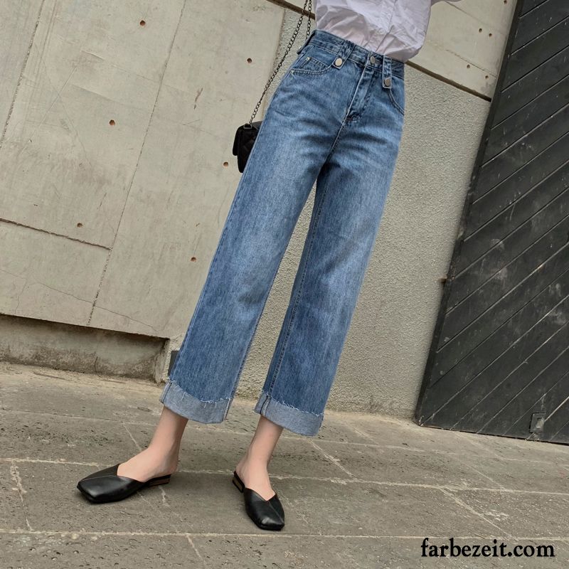 Jeans Damen Lose Gerade Hohe Taille Weites Bein Sommer Dünn Blau