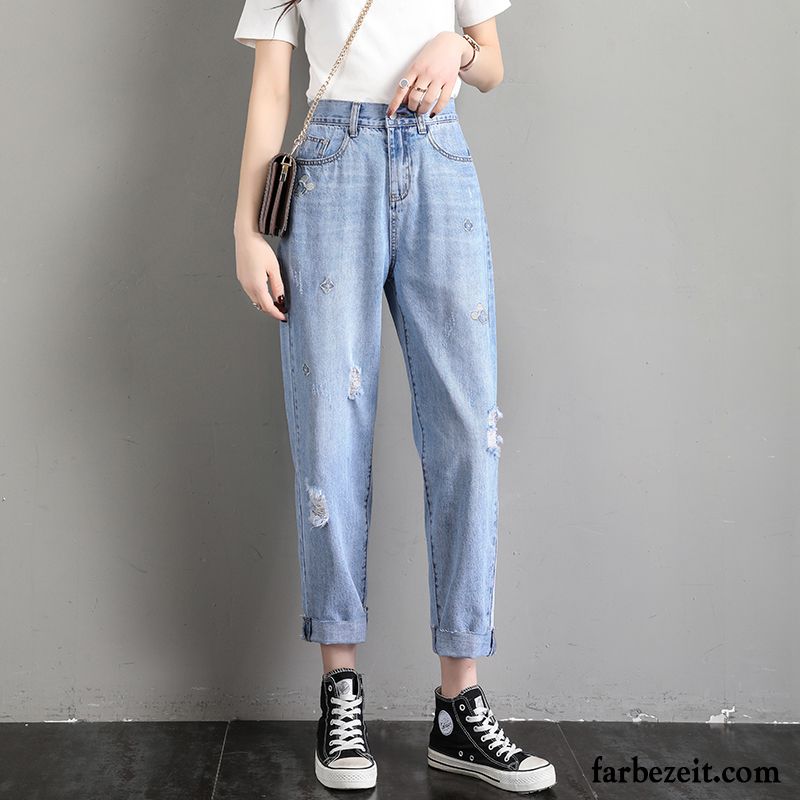 Jeans Damen Löcher Hose Dünn Harlan Feder Hohe Taille Blau Hell