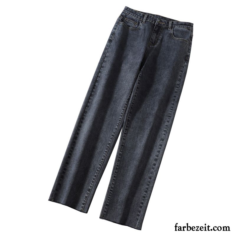 Jeans Damen Neunte Hose Gerade Herbst Hohe Taille Weites Bein Dünn Blau Grau