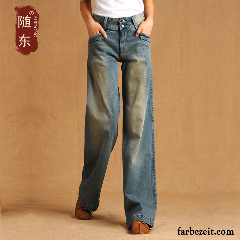 Jeans Damen Online Shop Freizeit Große Größe Hohe Taille Herbst Gerade Weites Bein Plus Samt Lose Jeans Winter Dünn Verdickung Hose