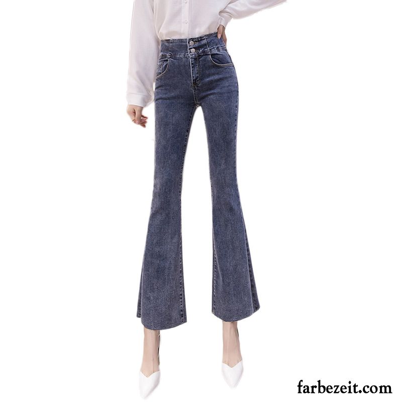 Jeans Damen Weites Bein Hohe Taille Hose Sommer Leicht Horn Blau