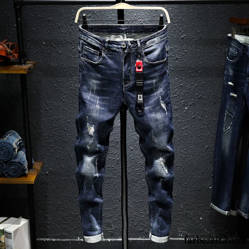 Jeans Gummibund Herren Herbst Dünn Löcher Elastisch Jugend Schlank Schüler Blau Jeans Trend Rabatt