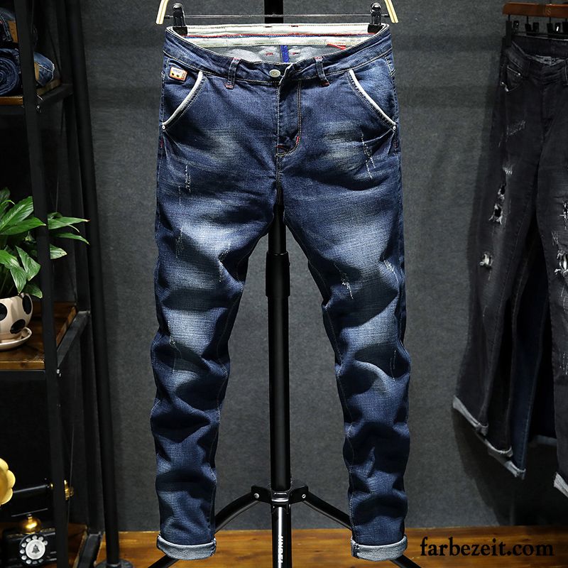 Jeans Herren Elastisch Winter Plus Samt Trend Hose Schmales Bein Blau