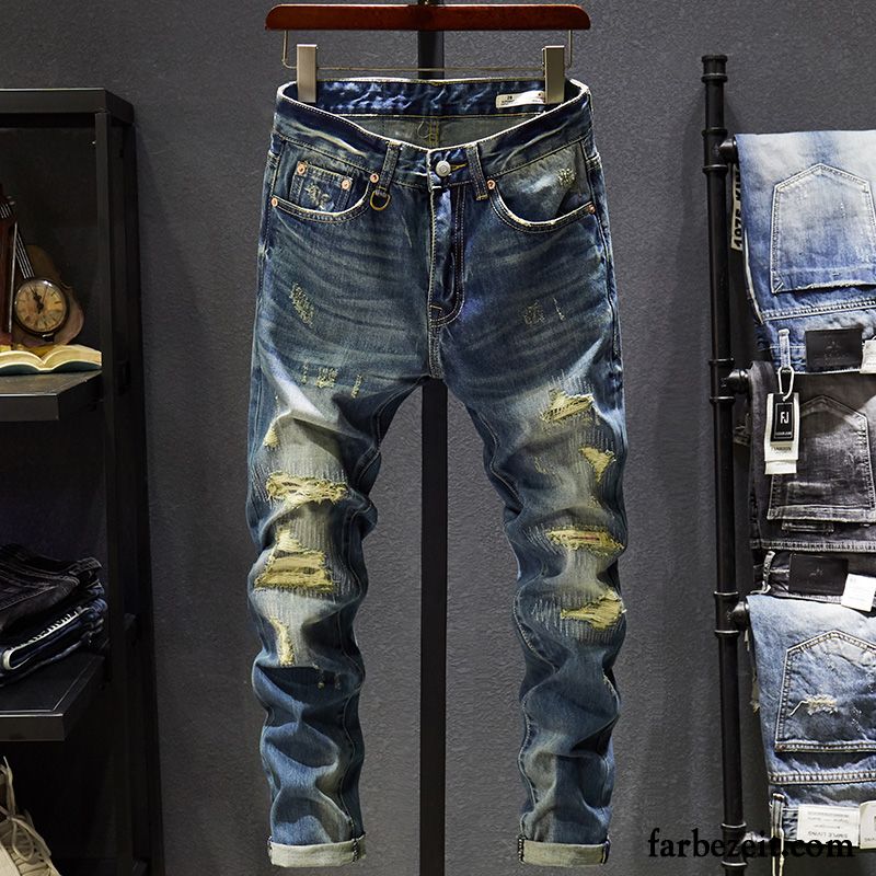 Jeans Herren Gerade Persönlichkeit Schlank Löcher Große Größe Trend Blau