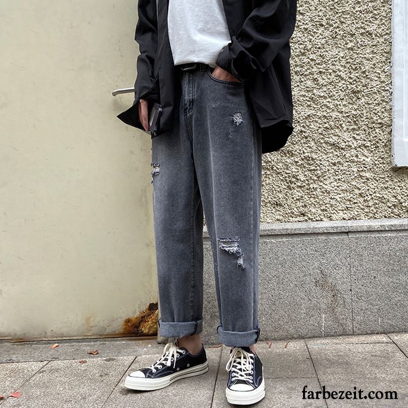 Jeans Herren Löcher Ultra Feder Gerade Trend Lose Grau Dunkel