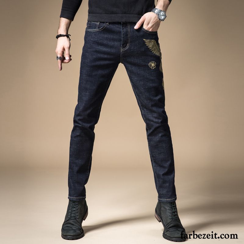 Jeans Herren Persönlichkeit Hose Chinesischer Stil Trend Stickerei Winter Blau Schwarz