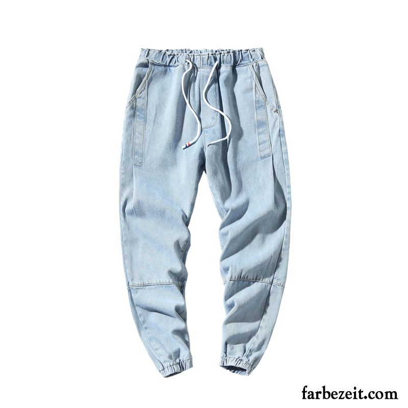 Jeans Herren Schmales Bein Schlank Gerade Neunte Hose Lange Feder Blau