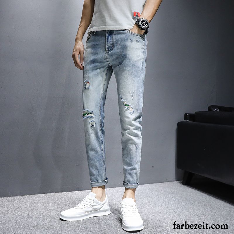 Jeans Herren Trend Hose Feder Freizeit Dünn Löcher Blau Hell