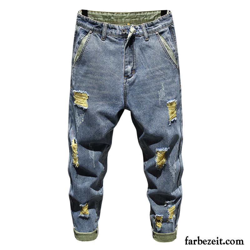 Jeans Herren Trend Löcher Sommer Lose Neunte Hose Dunkelblau