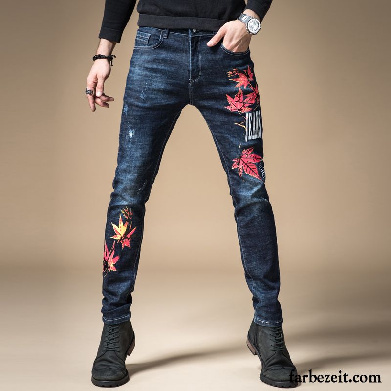 Jeans Herren Trend Neu Stickerei Elastisch Schlank Dünn Blau