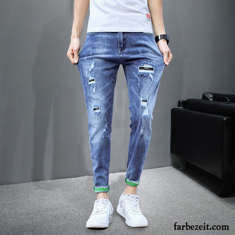 Jeans Herren Trend Sommer Schmales Bein Freizeit Löcher Neunte Hose Blau Hell