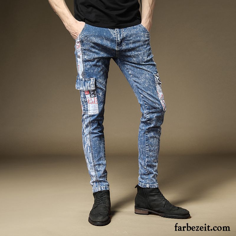 Jeans Herren Werkzeugbau Blume Trend Schmales Bein Spleißen Hose Blau