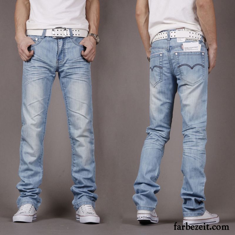 Jeans Weisse Nähte Herren Gerade Herbst Freizeit Blau Schlank Hose Trend Licht Hell Jeans