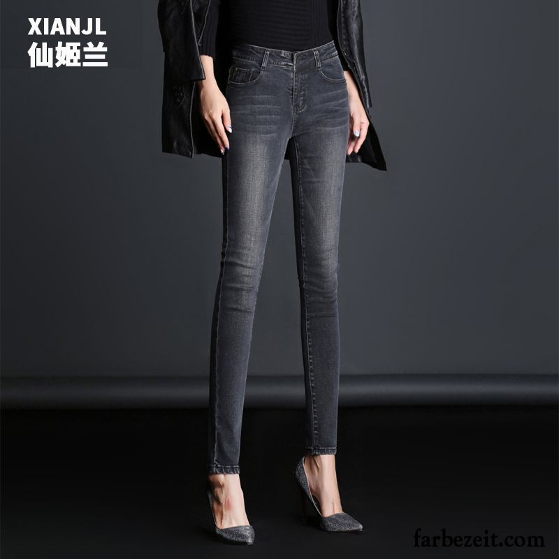 Jeans Relaxed Fit Damen Schwarz Jeans Dünn Schlank Hohe Taille Hose Grau Bleistift Hose Trend Elastisch Rabatt