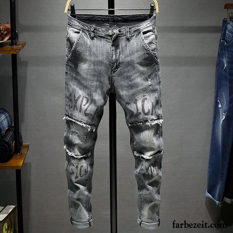 Jeans Skinny Fit Herren Trend Jeans Elastisch Grau Löcher Dünn Patch Schlank Herbst Retro Kaufen