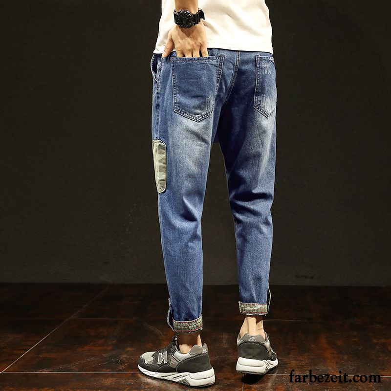 Jeans Straight Fit Herren Persönlichkeit Schmales Bein Harlan Hose Große Größe Freizeit Löcher Jeans Lose Trend Blau Neunte Hose Kaufen