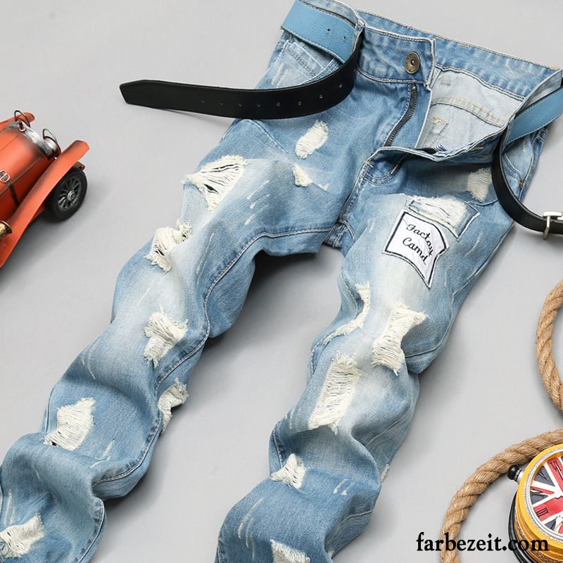 Jeanshosen Online Kaufen Hose Sommer Blau Löcher Herren Schlank Schmales Bein Jeans Licht Gerade Trend Kaufen